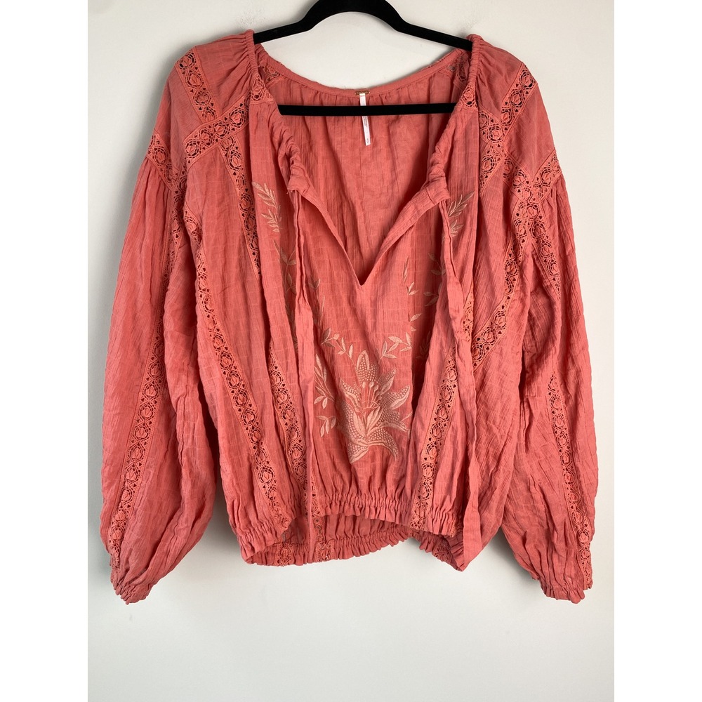 Free People Maria Maria Lace Embroidered Peasant Blouse S Terrocatta Oversized - Picture 3 of 11